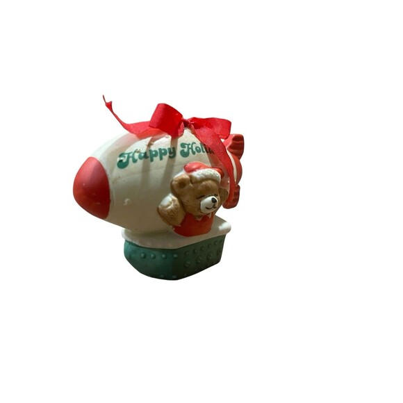 Vintage Christmas Ornament Blimp Teddy Bear Happy Holidays Red Green Retro Cute - Picture 12 of 14